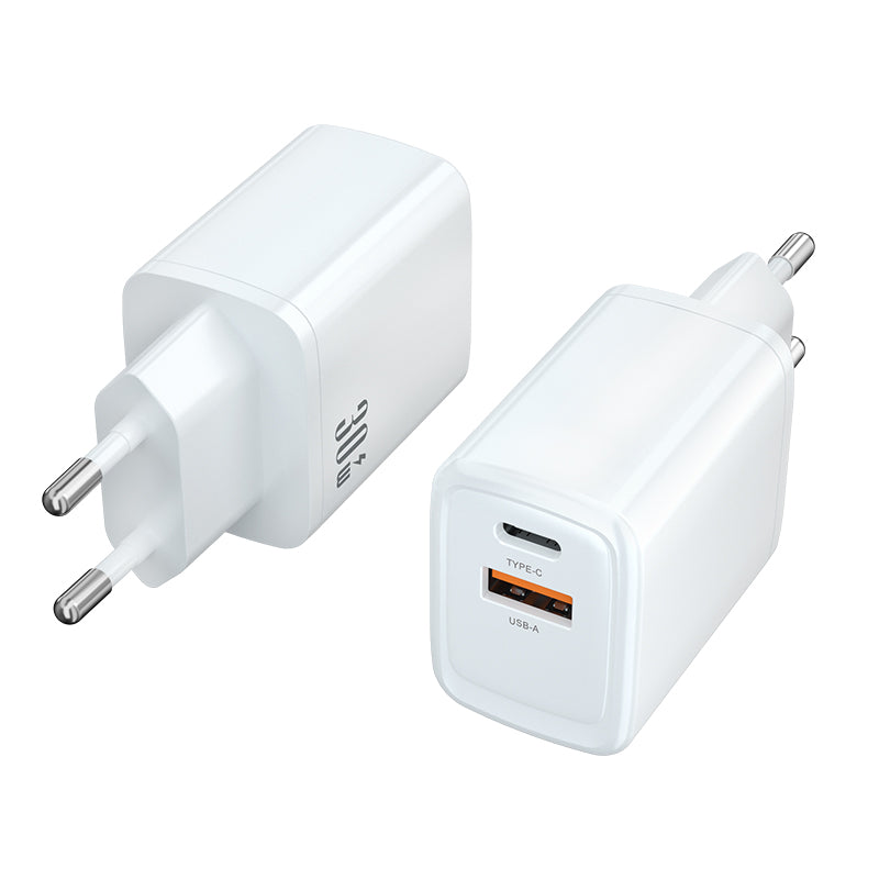 Dual‑Port 30W Fast Charger | Type‑C PD + USB‑A QC Wall Charger | White