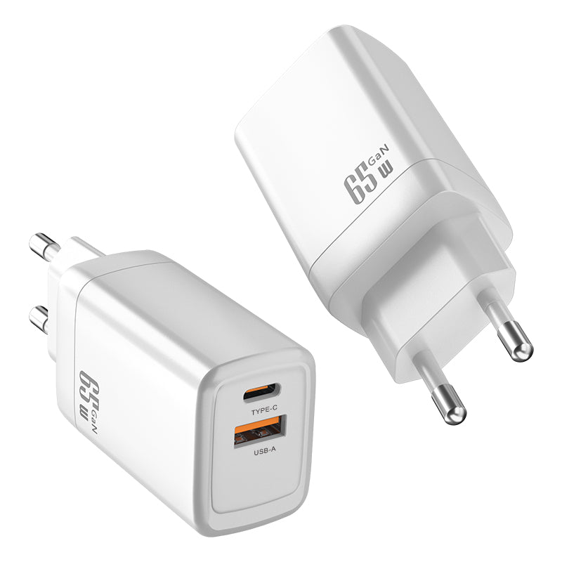 Dual‑Port 65W GaN Fast Charger | Type‑C PD + USB‑A QC Wall Charger | White