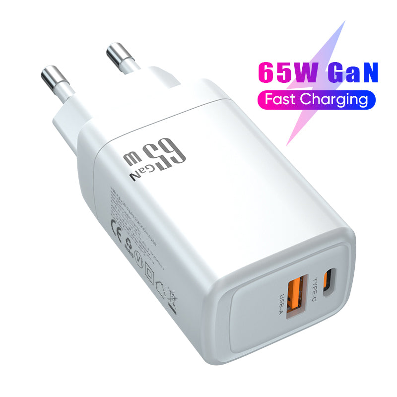 Dual‑Port 65W GaN Fast Charger | Type‑C PD + USB‑A QC Wall Charger | White