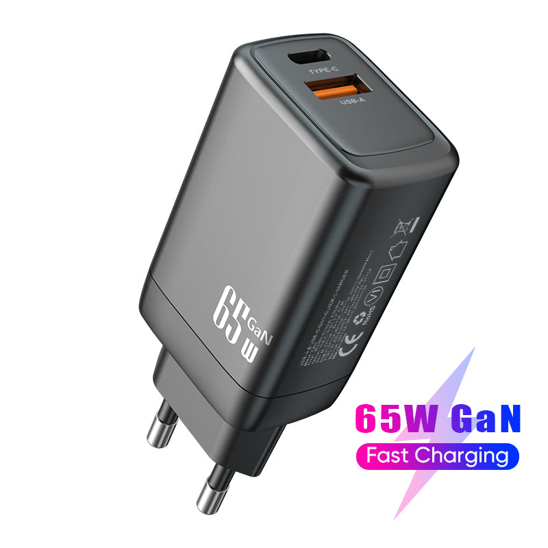 Dual‑Port 65W GaN Fast Charger | Type‑C PD + USB‑A QC Wall Charger | Black