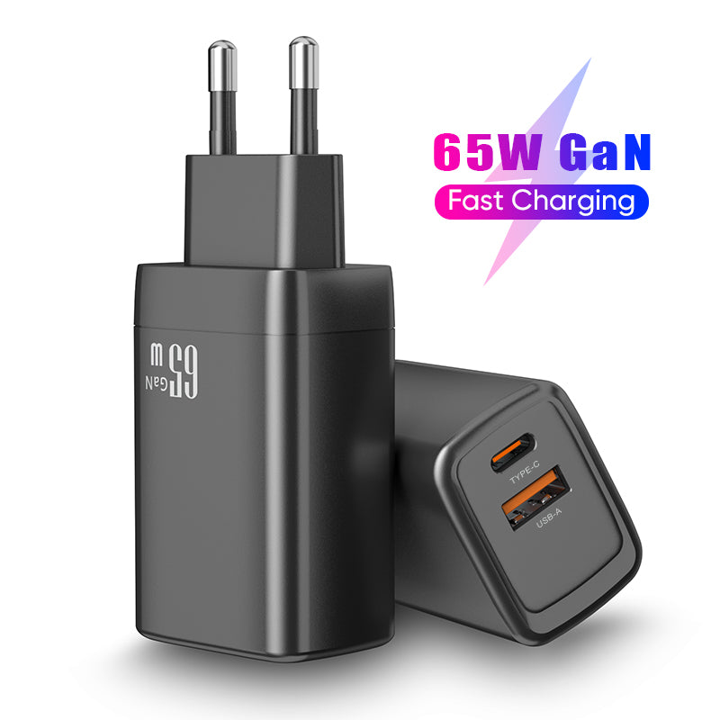 Dual‑Port 65W GaN Fast Charger | Type‑C PD + USB‑A QC Wall Charger | Black