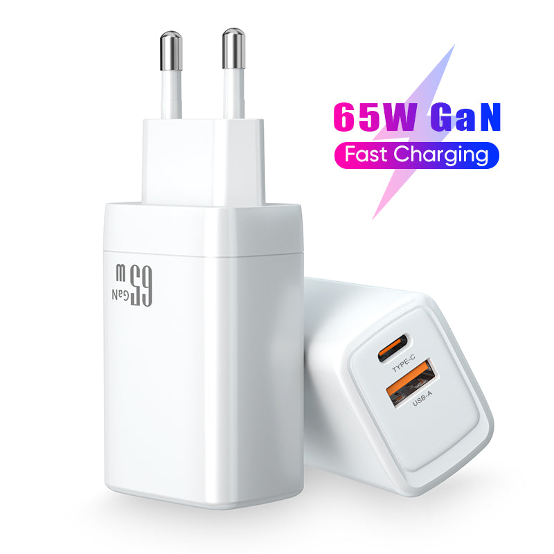 Dual‑Port 65W GaN Fast Charger | Type‑C PD + USB‑A QC Wall Charger | White