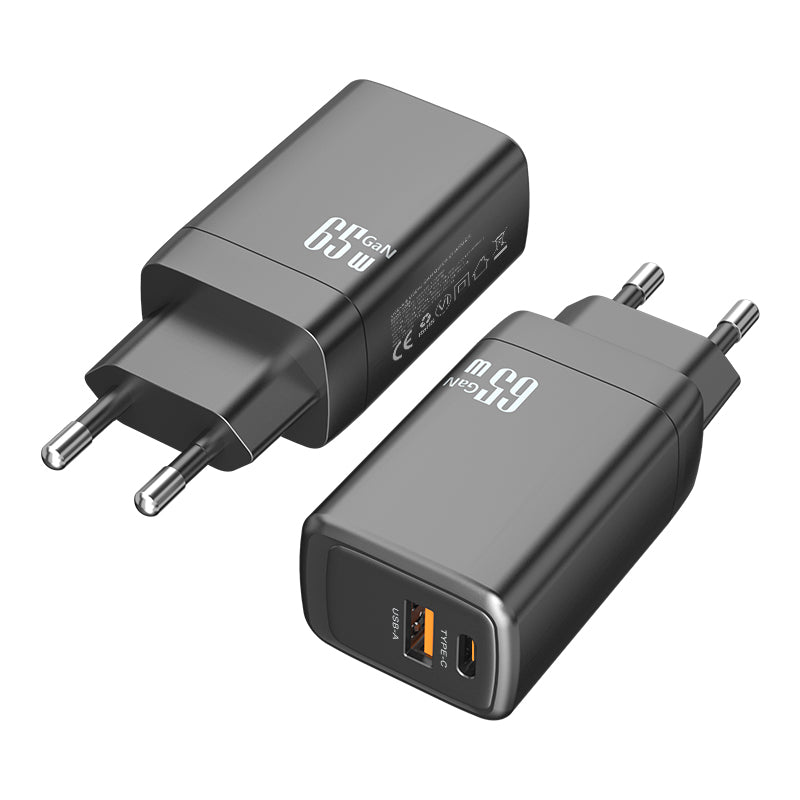 Dual‑Port 65W GaN Fast Charger | Type‑C PD + USB‑A QC Wall Charger | Black