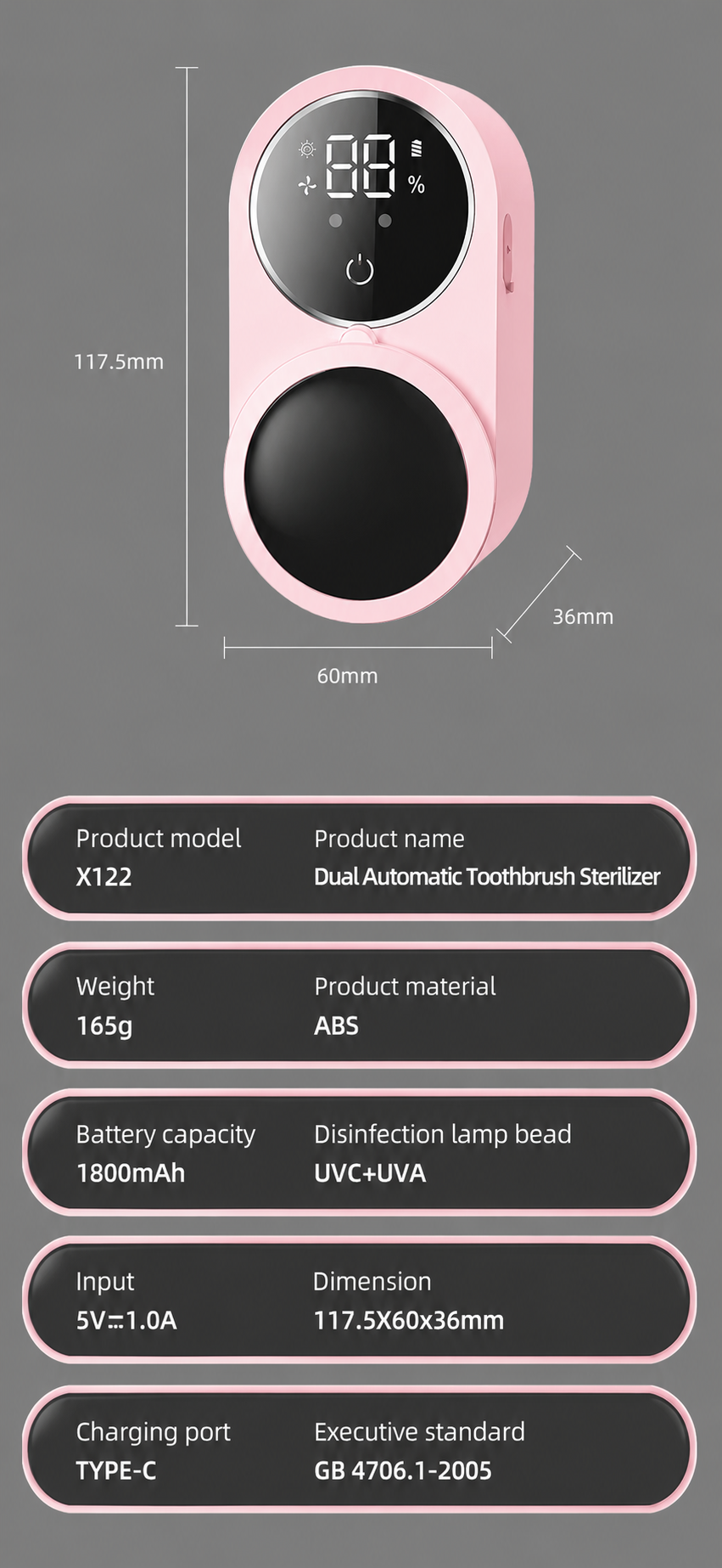 Toothbrush UV Sterilizer & Holder | UVC/UVA Rechargeable Wall Mount | 2 Slot Case | Pink