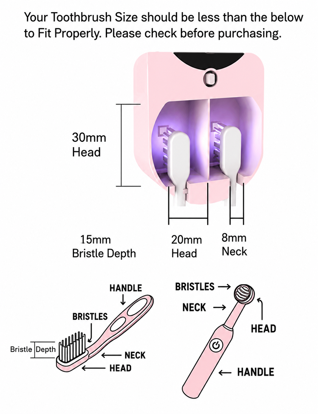 Toothbrush UV Sterilizer & Holder | UVC/UVA Rechargeable Wall Mount | 2 Slot Case | Pink