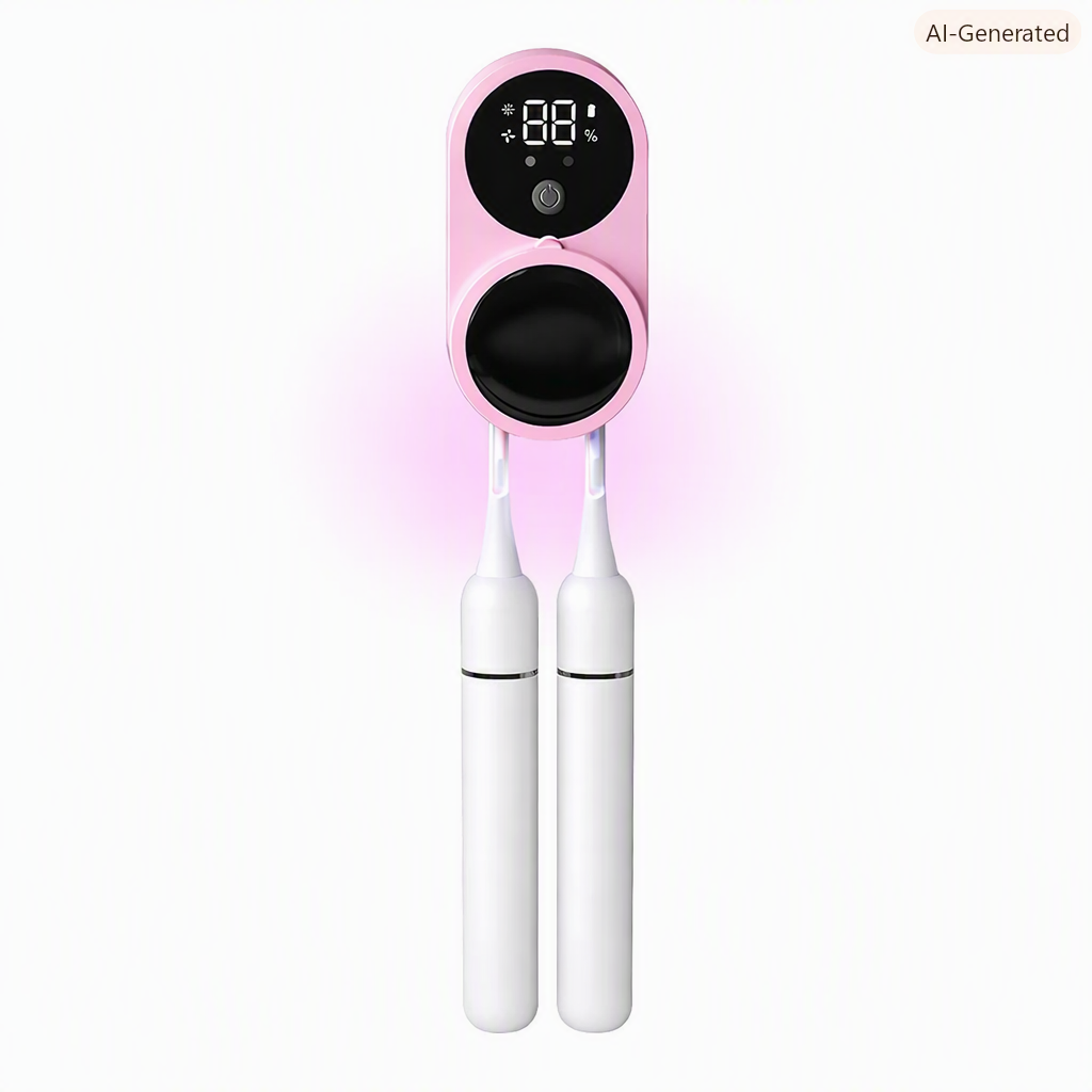 Toothbrush UV Sterilizer & Holder | UVC/UVA Rechargeable Wall Mount | 2 Slot Case | Pink