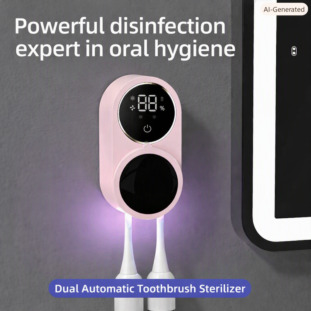 Toothbrush UV Sterilizer & Holder | UVC/UVA Rechargeable Wall Mount | 2 Slot Case | Pink