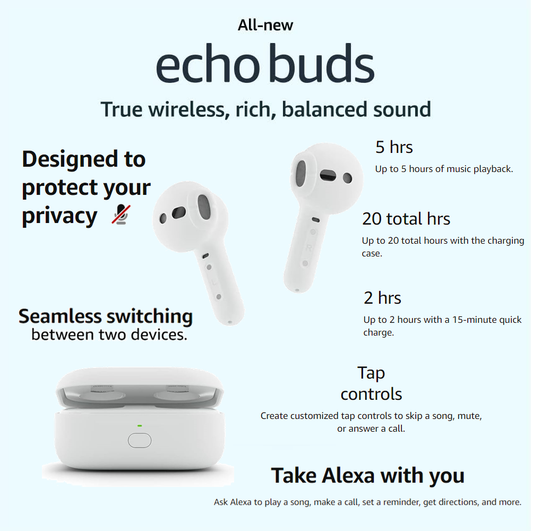 All-new Echo Buds (2023 Release) True Wireless Bluetooth 5.2 Earbuds with Alexa, charging case White