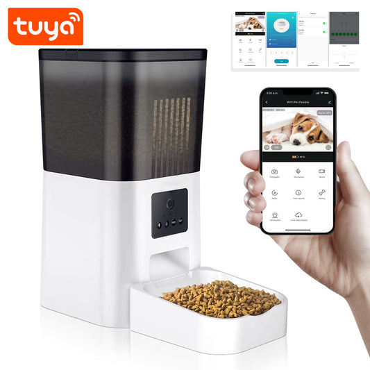 An automatic pet feeder with a built-in camera, branded with Tuya, displayed alongside a smartphone showing the companion app interface for controlling the device.