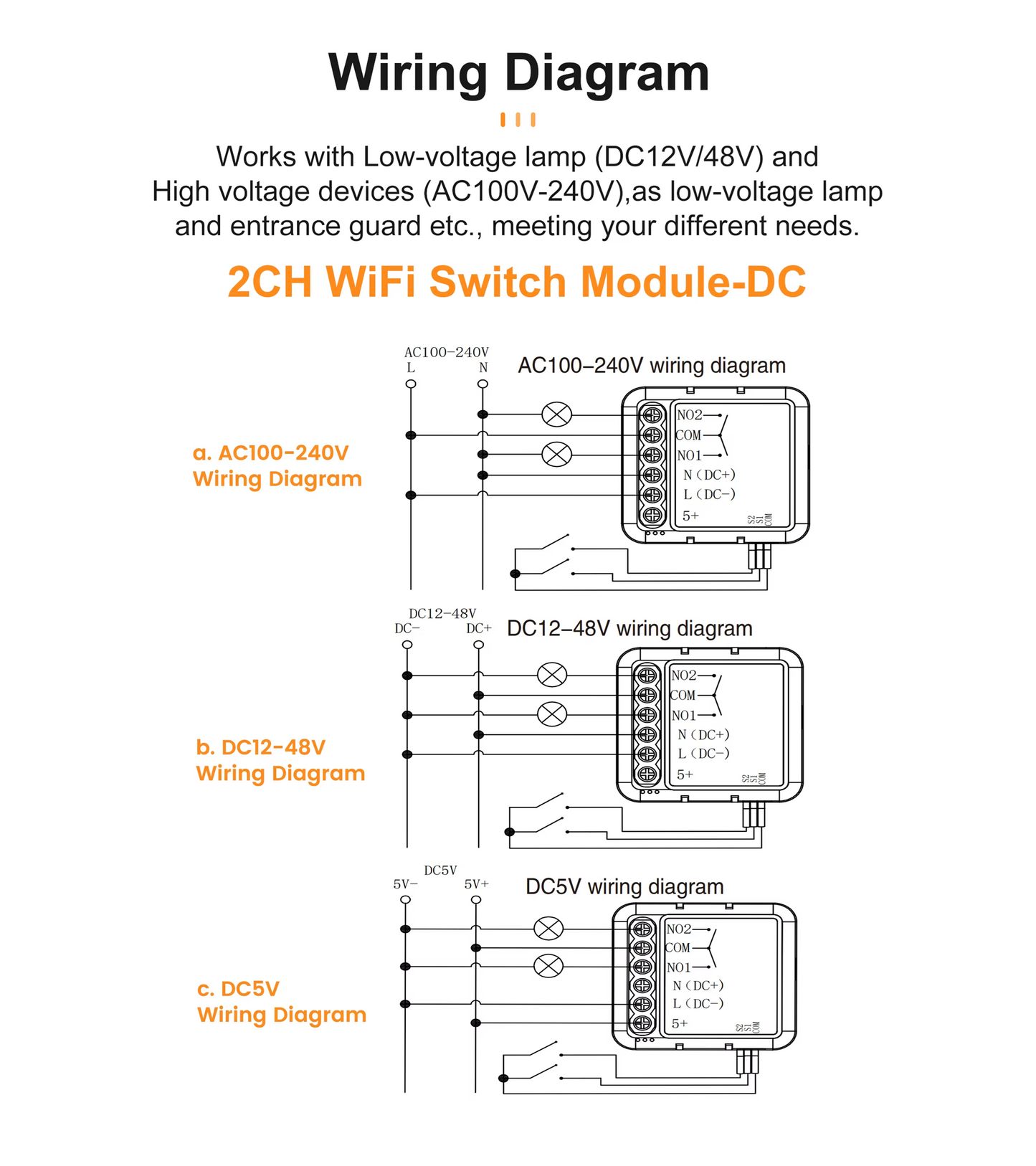 Smart Life Tuya WIFI 2CH 150W LED Light / 5A 1000W Appliance Neutral Mini AC/DC Switch | Dry Contact