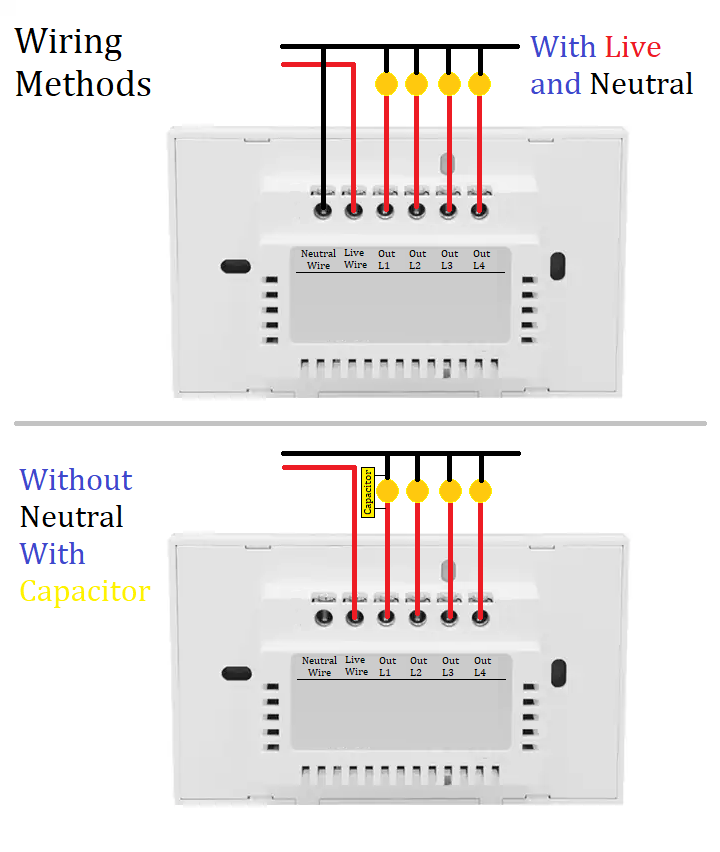 Smart Life Tuya WIFI 4CH LED Light Switch | Live & Neutral / Live & No Neutral Wire | White