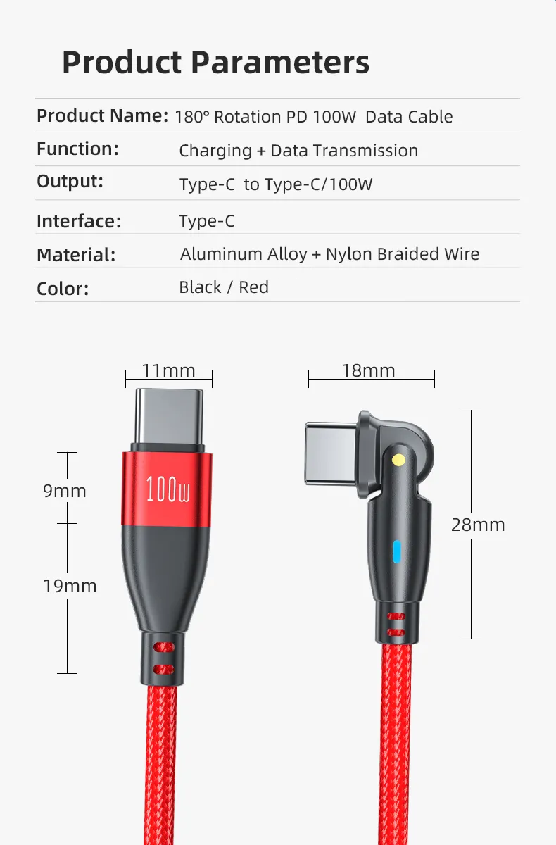 USB C to USB C Cable Data Fast Charging PD100W 180° Rotatable 1.8m Nylon Braided (Red)