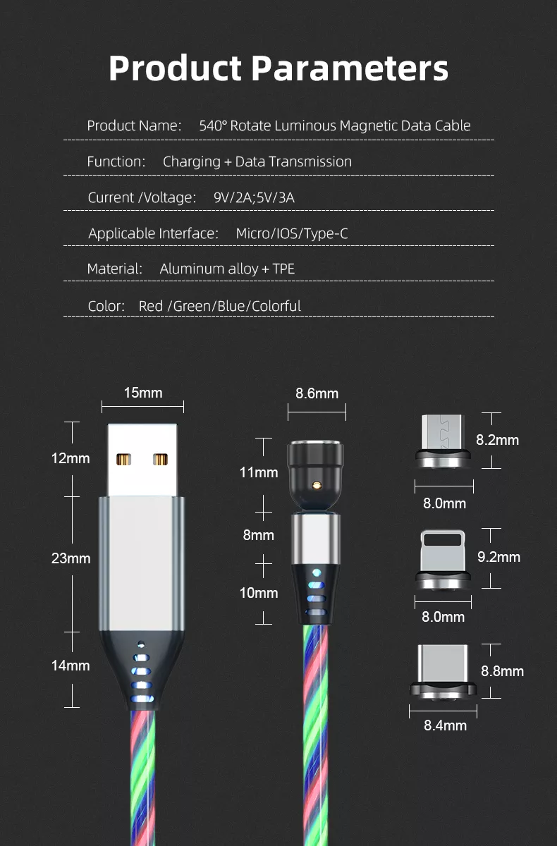 3 in 1 Luminous LED Magnetic Cable 3A Data Fast Charging 540 Rotatable 2m Micro, USB C, IOS (Multi Colour)