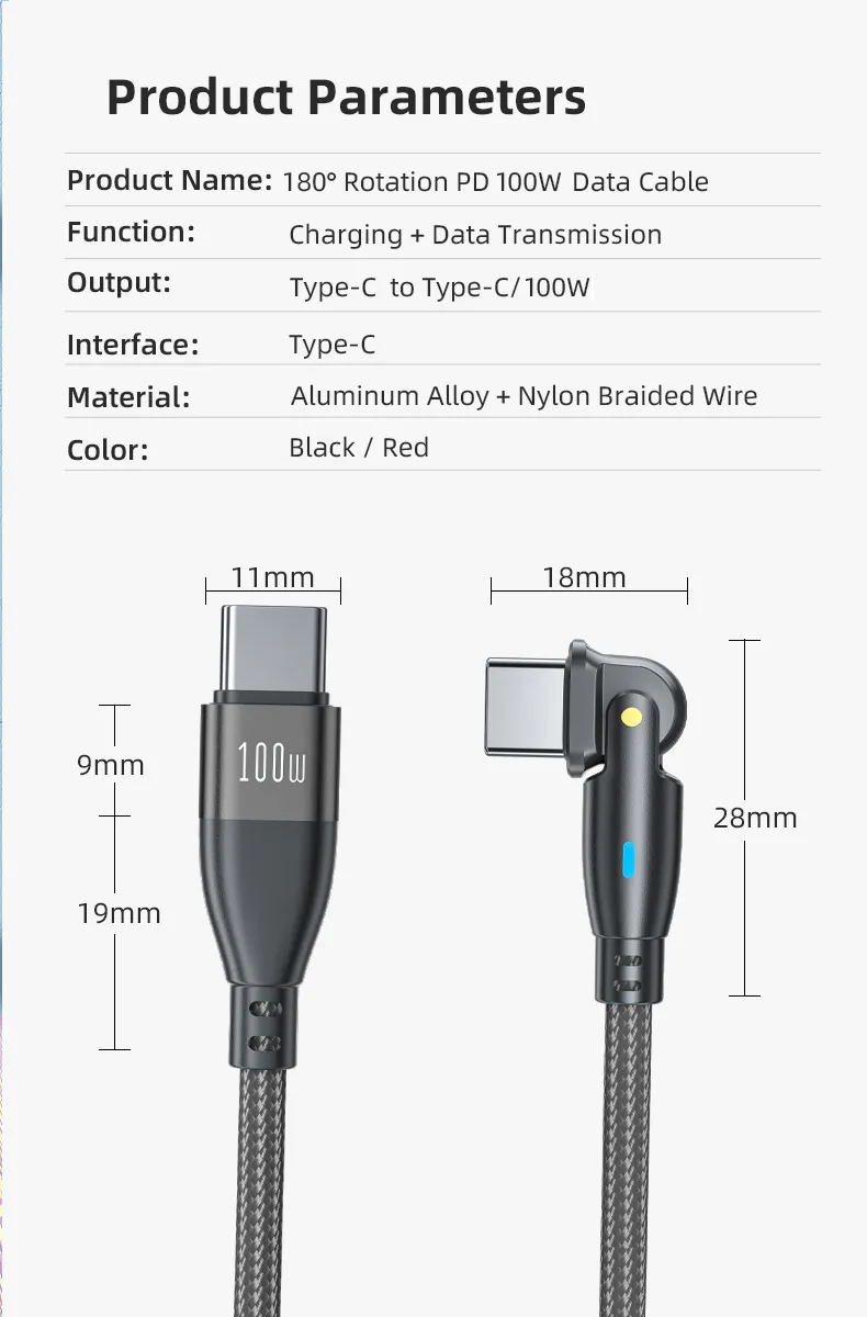 USB C to USB C Cable Data Fast Charging PD100W 180° Rotatable 1.8m Nylon Braided (Black)