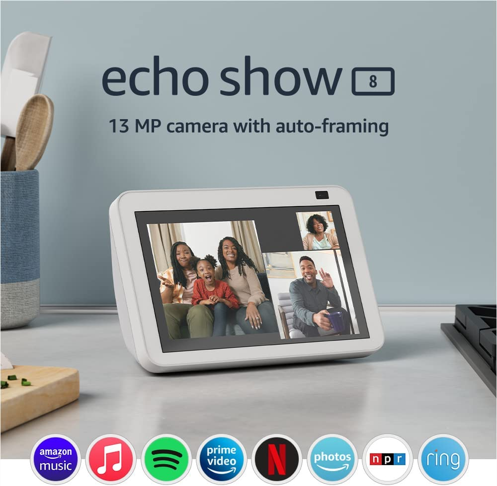 Echo Show 8 (2nd Gen, 2021 release) | HD smart display with Alexa and 13 MP camera | Glacier White