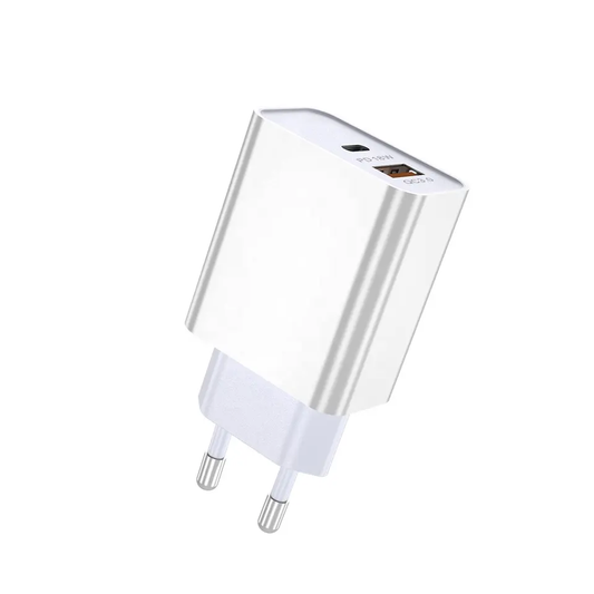 2 Port Fast charging 1 USB A 3A and 1 USB C PD20W Wall charger (White)