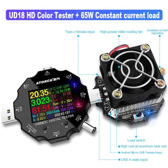 DC5.5 USB tester DC digital voltmeter voltage current ammeter detector QC/PD3.0 18 in 1 + 65W Load