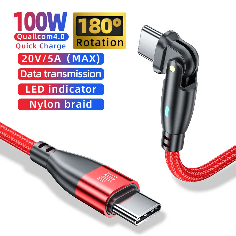 USB C to USB C Cable Data Fast Charging PD100W 180° Rotatable 1.8m Nylon Braided (Red)