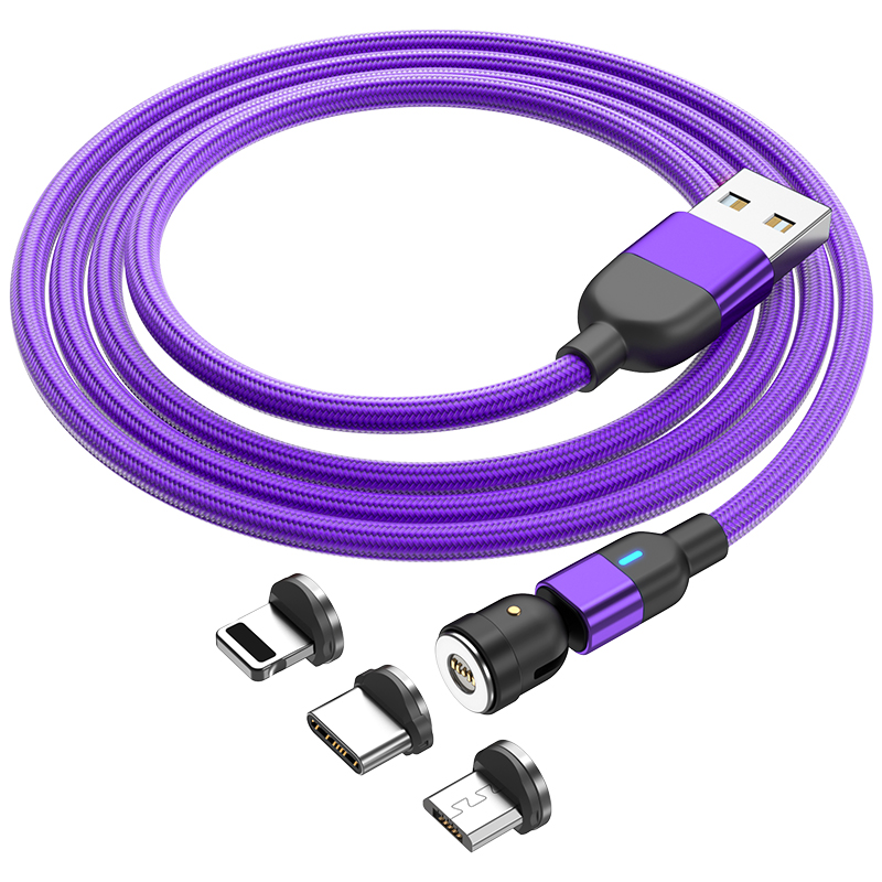 3 in 1 Magnetic Cable 3A Data Fast Charging 540 Rotatable 2m Micro,USB C, IOS Nylon Braided (Purple)