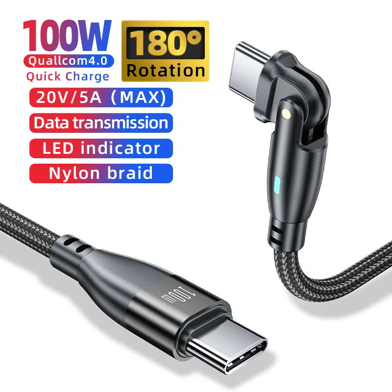 USB C to USB C Cable Data Fast Charging PD100W 180° Rotatable 1.8m Nylon Braided (Black)