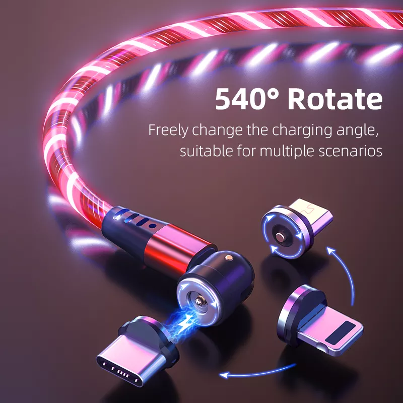 3 in 1 Luminous LED Magnetic Cable 3A Data Fast Charging 540 Rotatable 2m Micro, USB C, IOS (Red)