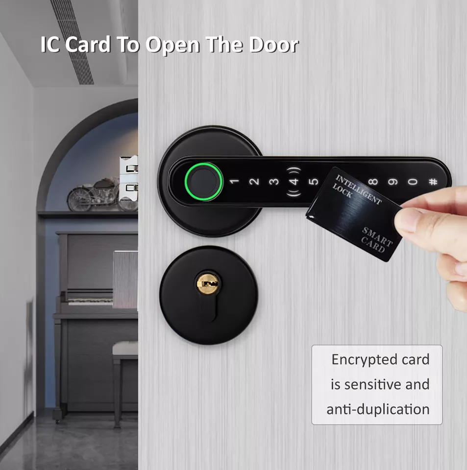 Smart Life Tuya Bluetooth Access Control Fingerprint IC Card Door Handle Lock (Black)