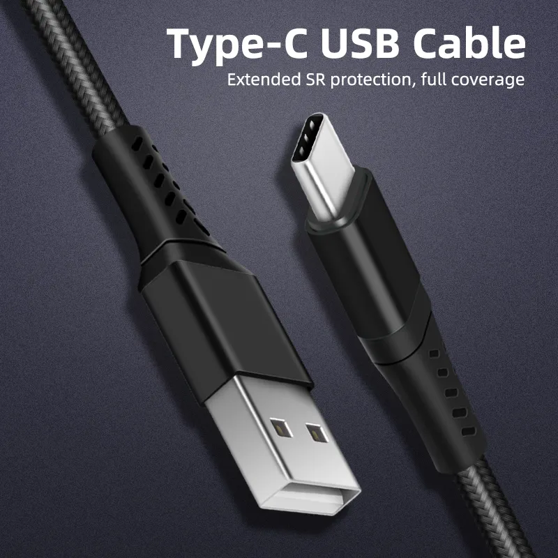 USB A to USB C Cable 3A Data Fast Charging 2m Nylon Braided (Black)