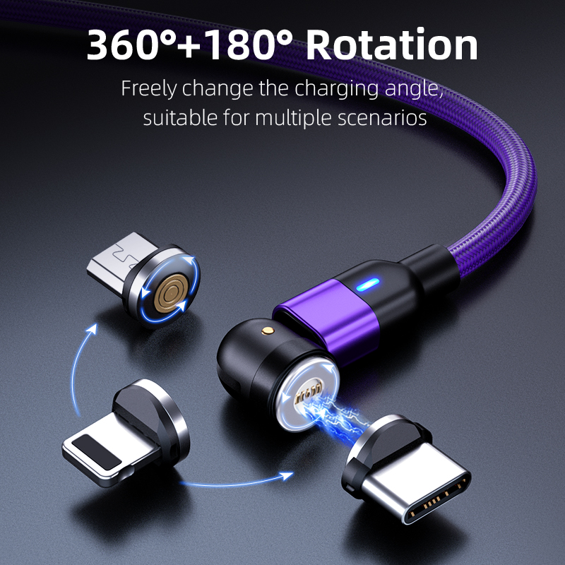 3 in 1 Magnetic Cable 3A Data Fast Charging 540 Rotatable 2m Micro,USB C, IOS Nylon Braided (Purple)