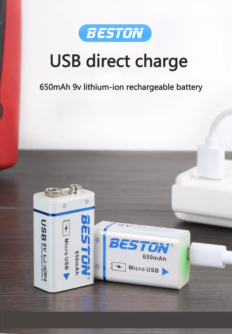 BESTON 9V Micro USB Rechargeable Lithium Battery | 9V | 260mAh | 1 Pack