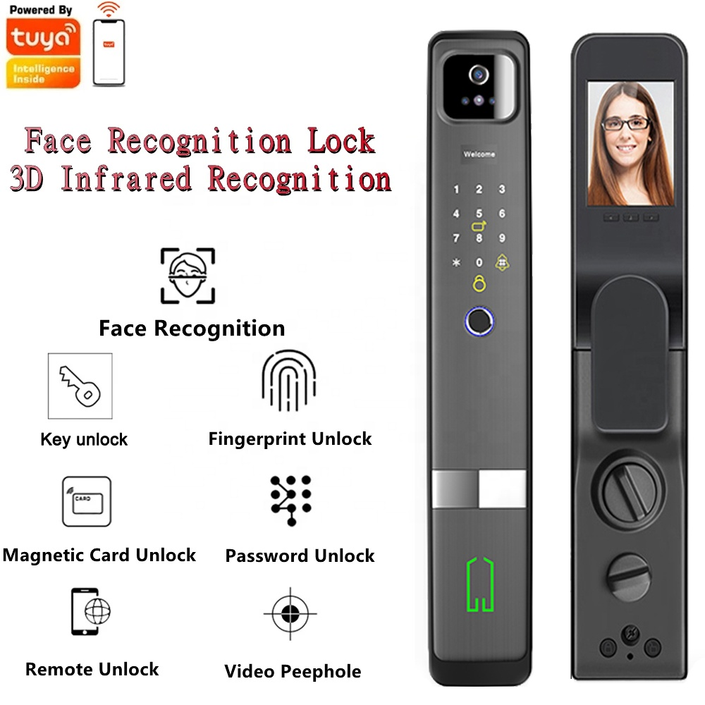 WIFI Control Smart Life Tuya Digital 3D Face Recognition Access Door Lock with Cats Eye Camera