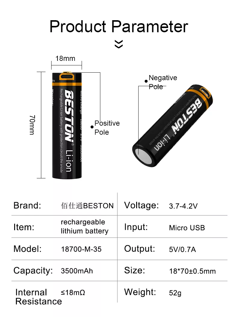 BESTON 18700 Micro USB Rechargeable Lithium Battery | 3.7V | 3500mAh | 1 Pack