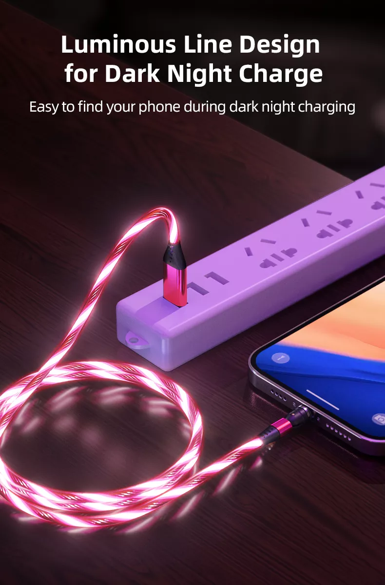 3 in 1 Luminous LED Magnetic Cable 3A Data Fast Charging 540 Rotatable 2m Micro, USB C, IOS (Red)