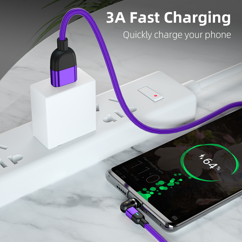 3 in 1 Magnetic Cable 3A Data Fast Charging 540 Rotatable 2m Micro,USB C, IOS Nylon Braided (Purple)