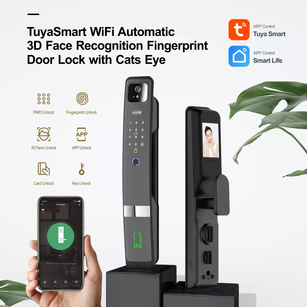 WIFI Control Smart Life Tuya Digital 3D Face Recognition Access Door Lock with Cats Eye Camera