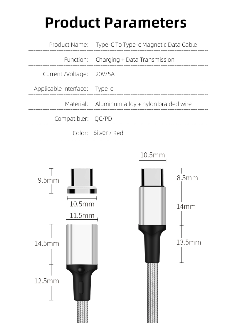 Magnetic Cable PD 20V 5A 100W Mobile & Laptop Ultra Fast Charging & Data 1.8m Type C to Type C