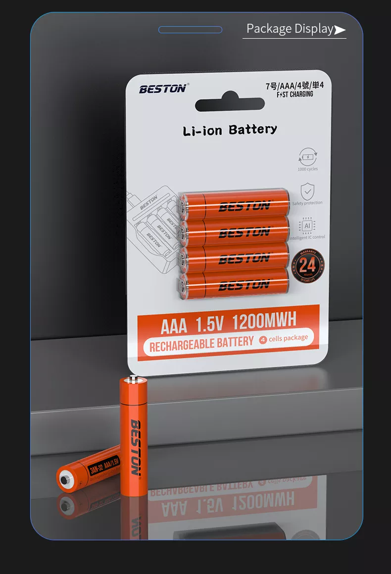 BESTON AAA Rechargeable Lithium Battery | 10380 | 1.5V | 800mAh | 4 Pack